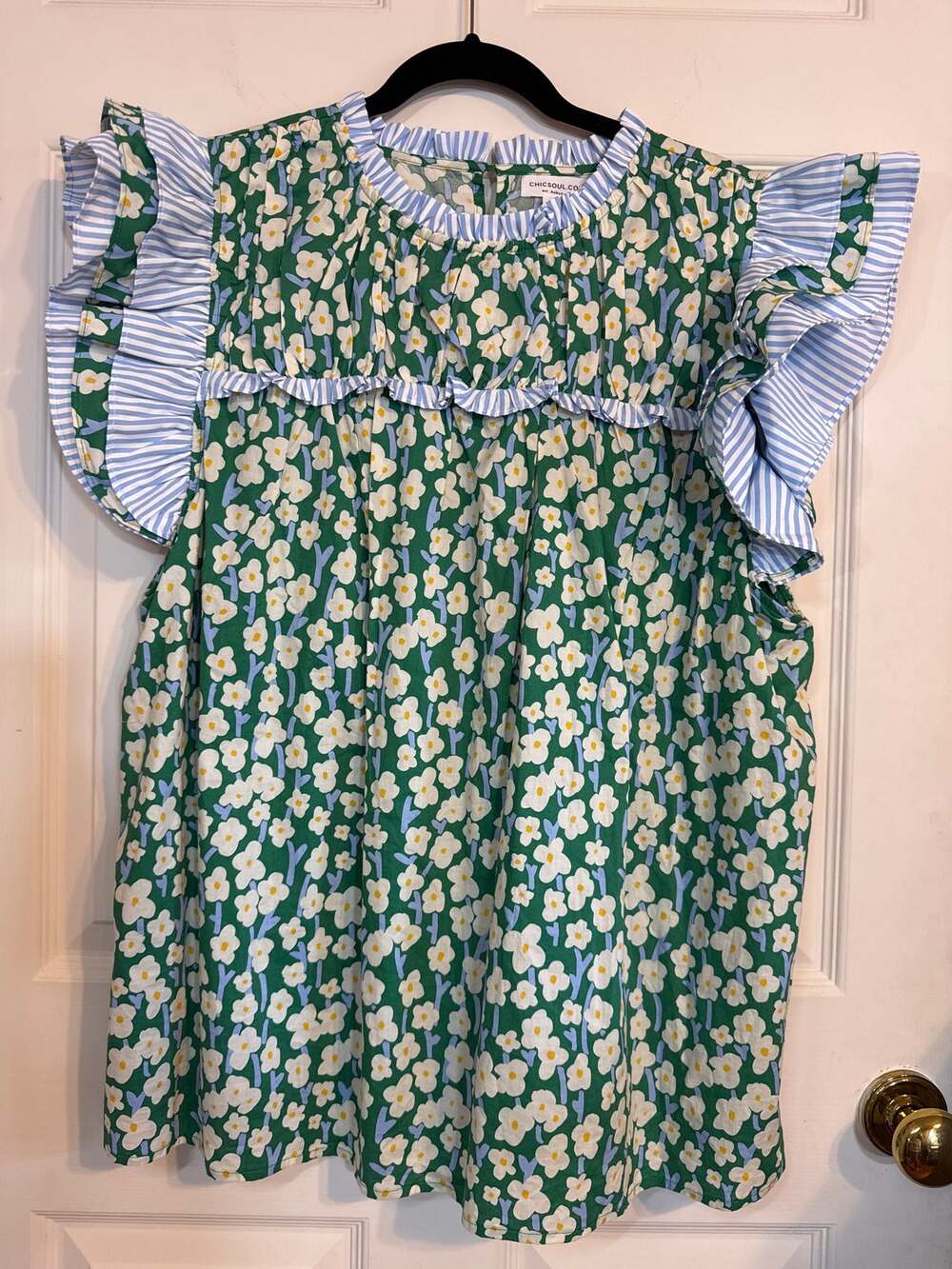 Chic Soul Wallflower Kisses Top Green Stripe Floral Ruffle Blouse 3X Cottagecore